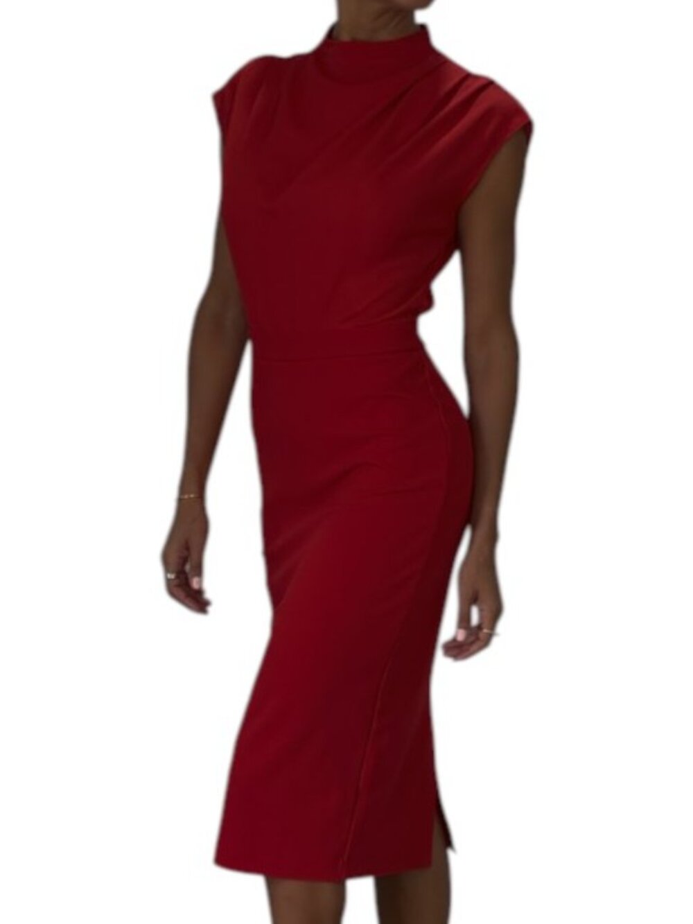 Express Red Sheath Dress Cap Sleeve Mock Neck Draped Bodice Seamed Waist Size XS